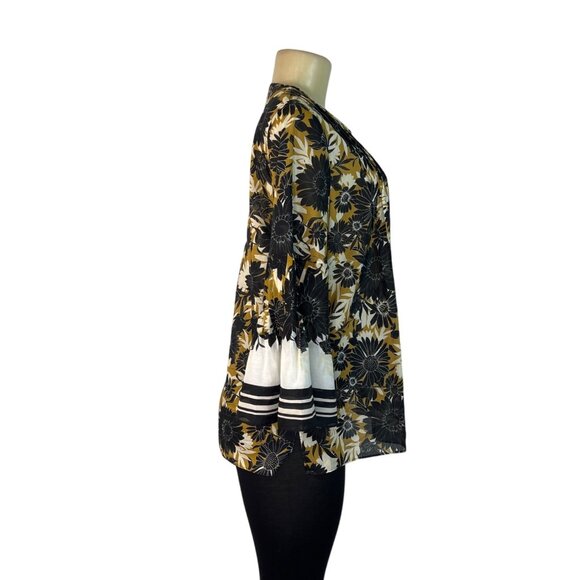 Kobi Halperin Black & Yellow Floral Print Blouse With Bell Sleeves Womens Size M - Picture 2 of 6